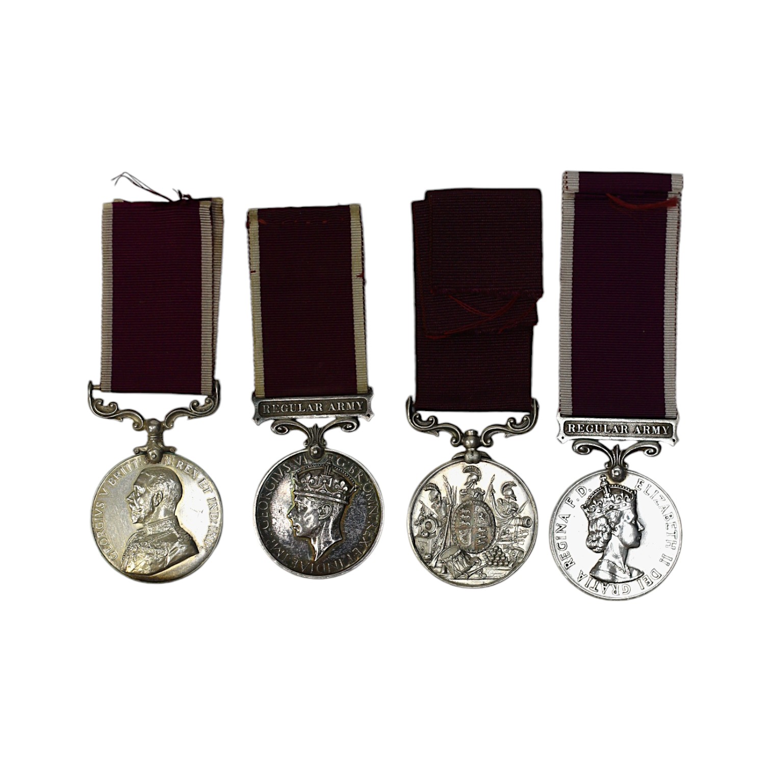 Four Army Long Service and Good Conduct medals; Vict to 21579 Gunr A.Milln. R.A.; GV to 1404425 B.Q.M.Sjt. W.A.Price R.A.; GVI Regular Army to 1057526 Sjt.T.Jones. R.A.; ERII Regular Army to 21133135 Sgt.Khagesor Thapa 2